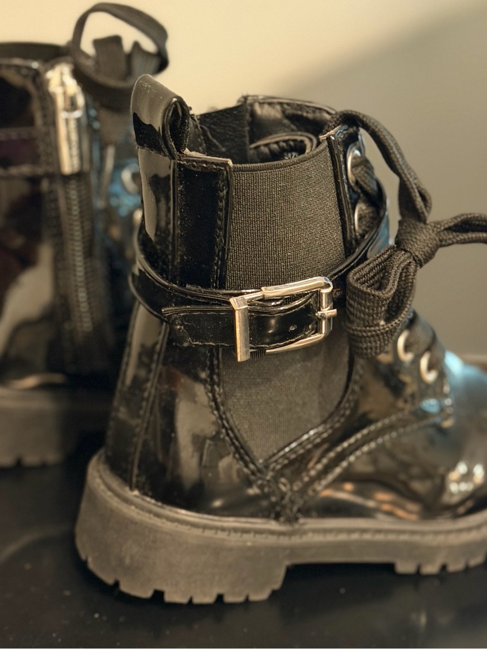 Vince Camuto Kids Black Patent Combat Boots - Picture 3 of 5